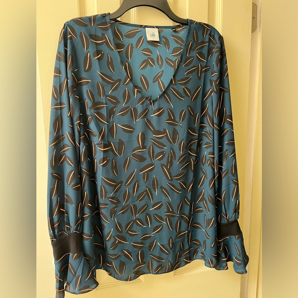 CAbi Blue and Black Leaf Print Blouse